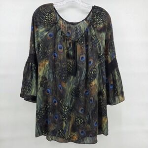 Zac & Rachel Peacock Print Blouse Large Green Bell Sleeve Boho Eclectic Art